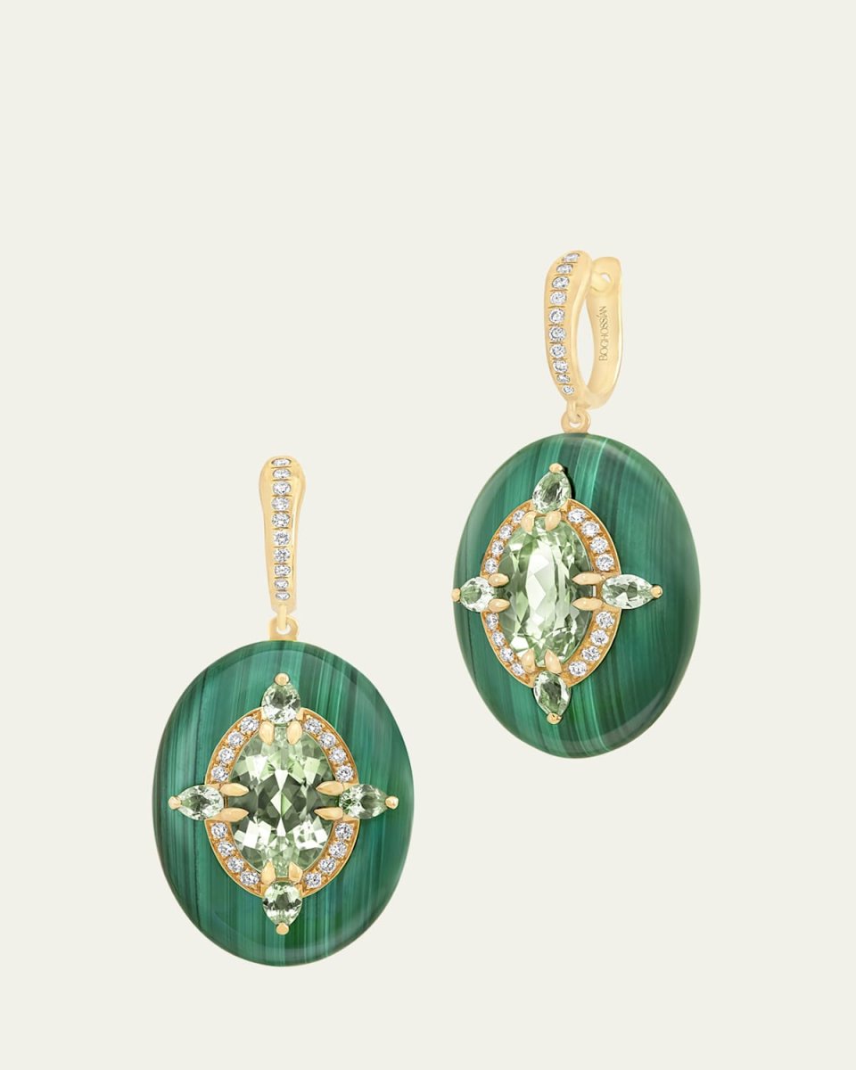 Inlay Reveal 18K Gold Tourmaline and Malachite Earrings